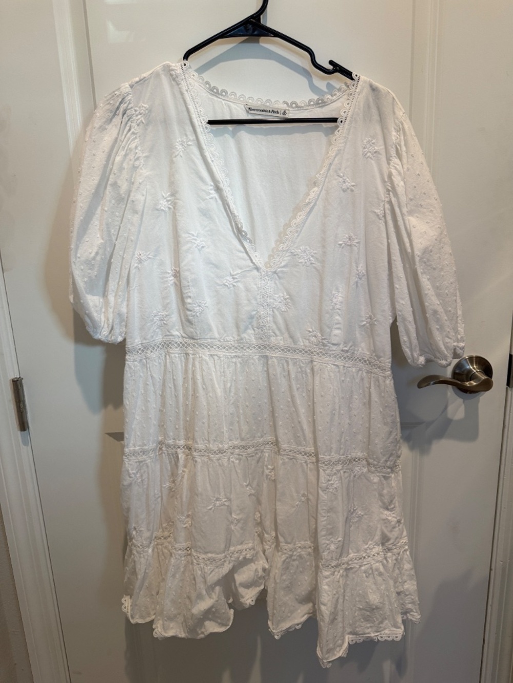 Abercrombie & Fitch Plunge Puff Sleeve Mini Dress 100% Cotton Lace XL - Picture 2 of 6